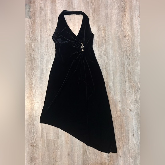 VTG Robbie Bee Black Velvet Halter Dress Ruched Button Asymmetrical Hem SZ 12P - Picture 1 of 5